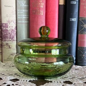 Vintage Emerald Green Glass Lidded Candy Dish / Bonbon Jar – Mid Century